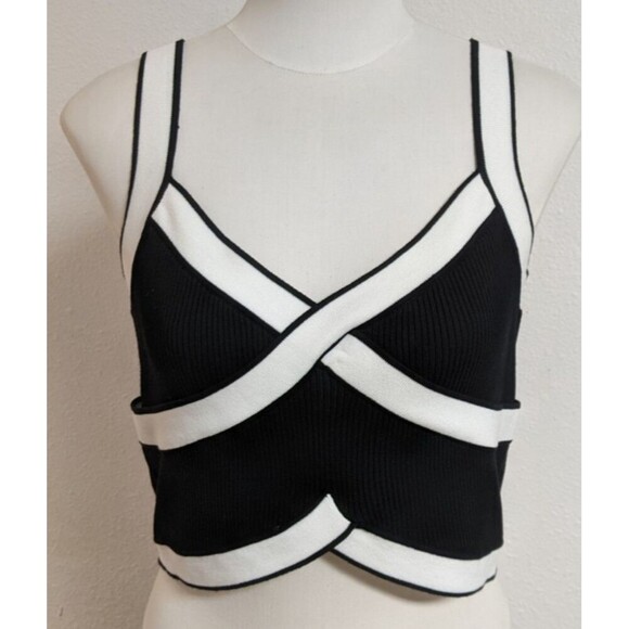 Cider Tops - Women's CIDER Black & White Ribbed Knit Crossover Front Crop Top Sweater XL